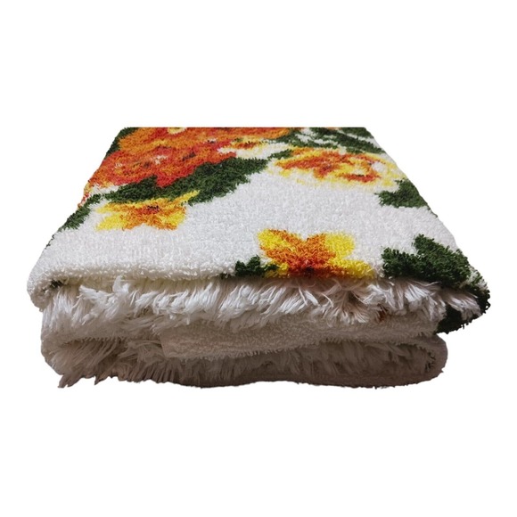 Vintage Bath Towel Set of 2 Gold Orange Brown Green Colors Flowers Retro Fringe - Picture 5 of 10